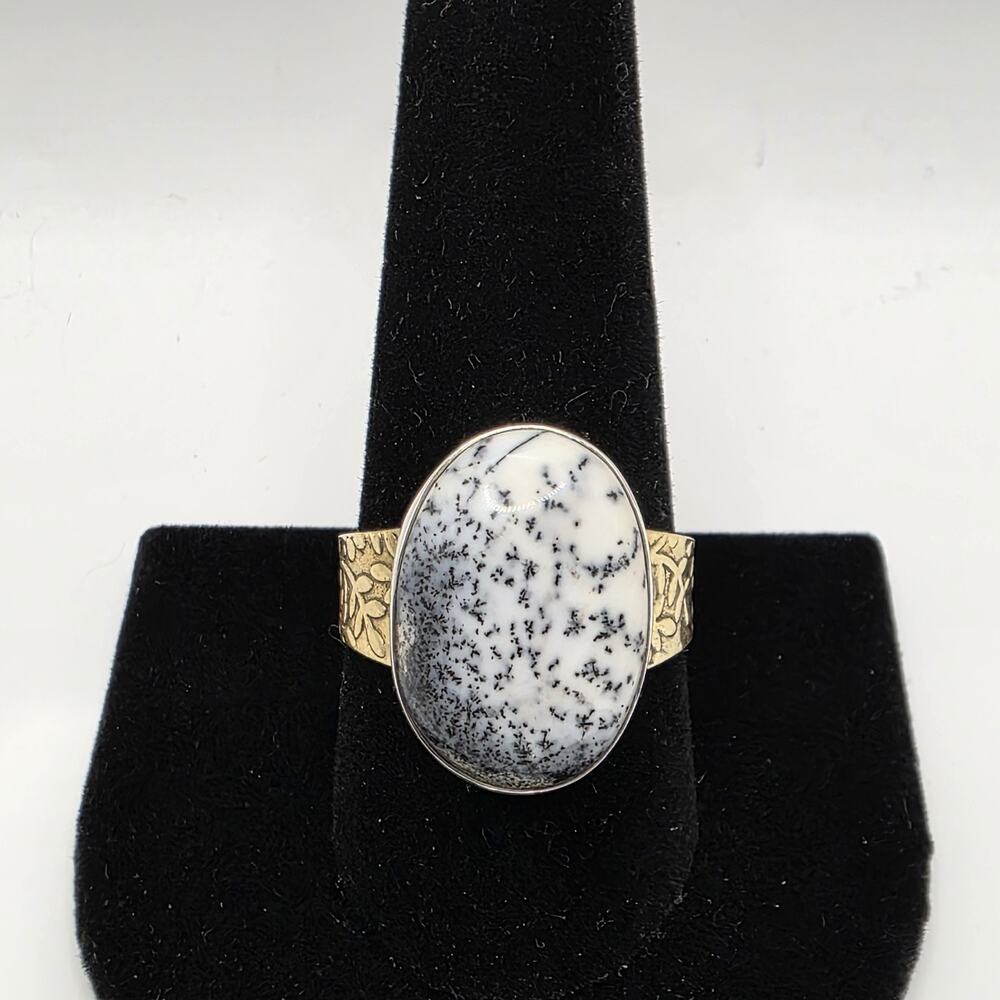 Natural Oval Dendritic Agate Opal 925 Sterling Silver & Brass Ring Size 10.25